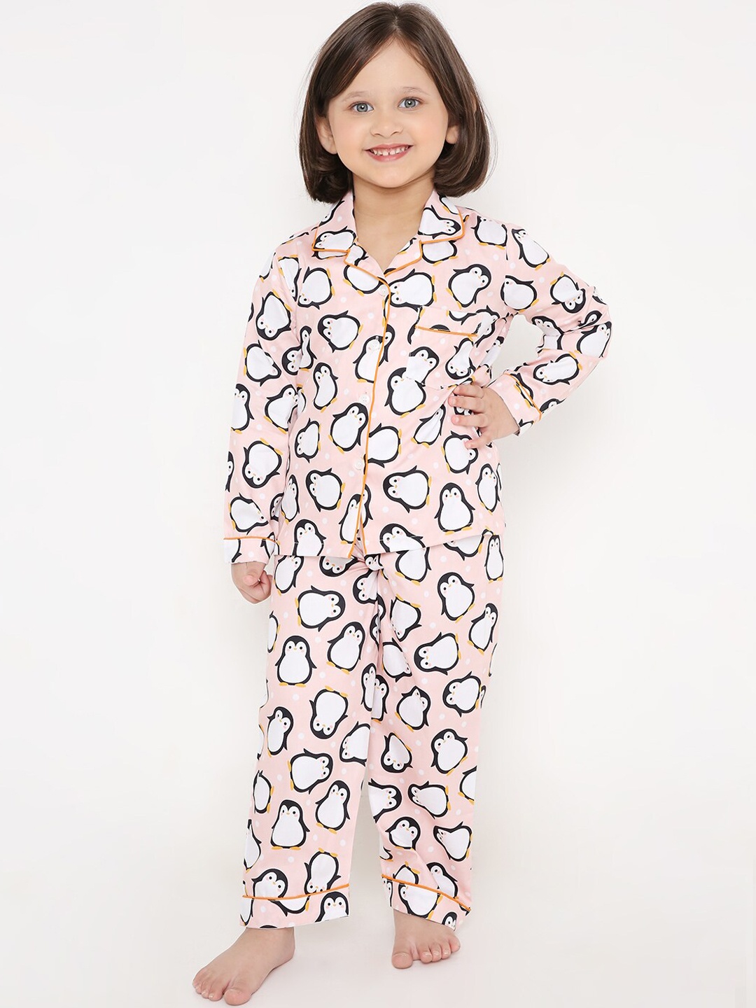 

Kidipoo Kids Pink & White Penguin Cartoon Printed Pure Cotton Night suits