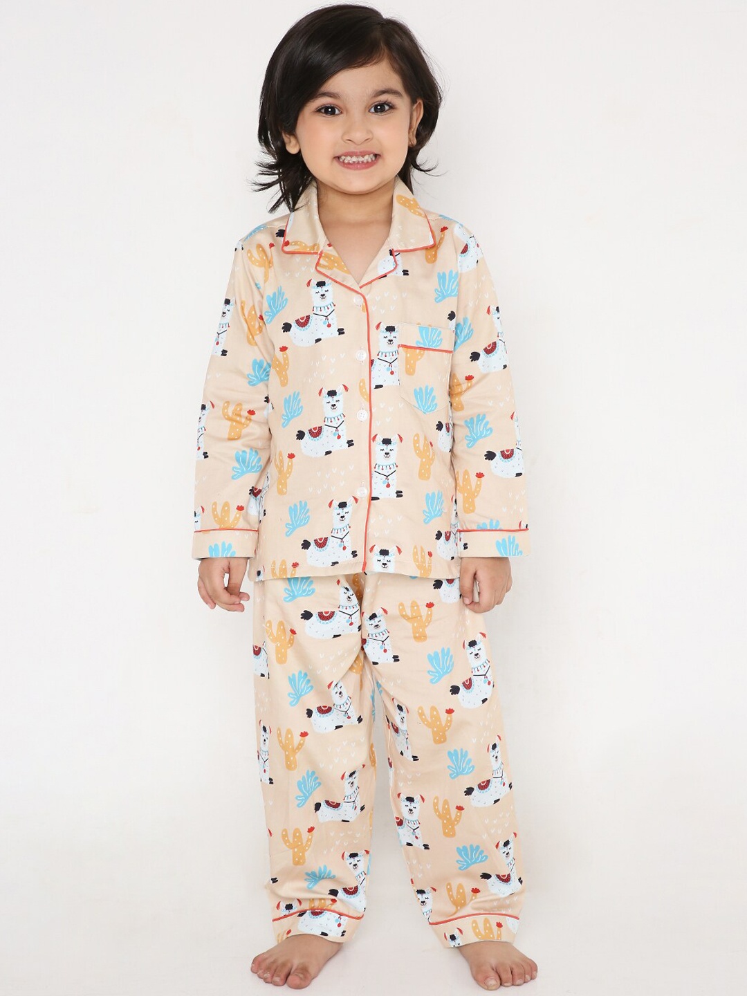 

Kidipoo Unisex Kids Peach-Coloured & White Printed Night suit