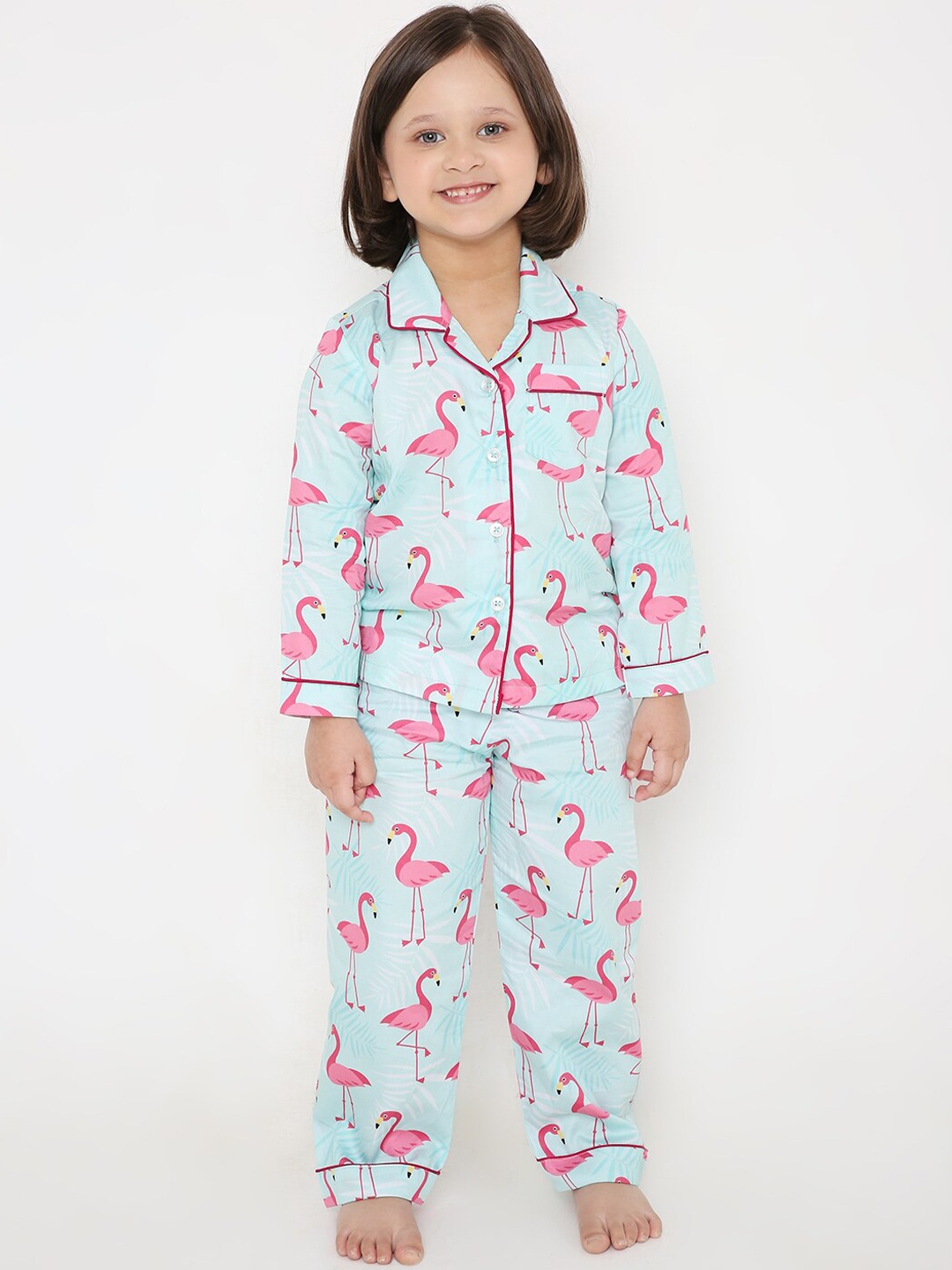 

Kidipoo Unisex Kids Pink & Turquoise Blue Printed Night suit