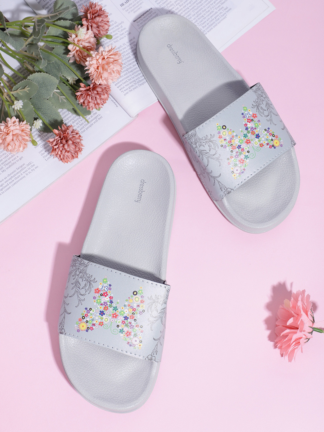 

DressBerry Women Grey & Red Floral Butterfly Printed Sliders