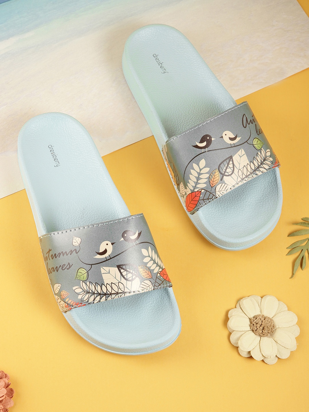 

DressBerry Women Teal Green & Beige Printed Sliders
