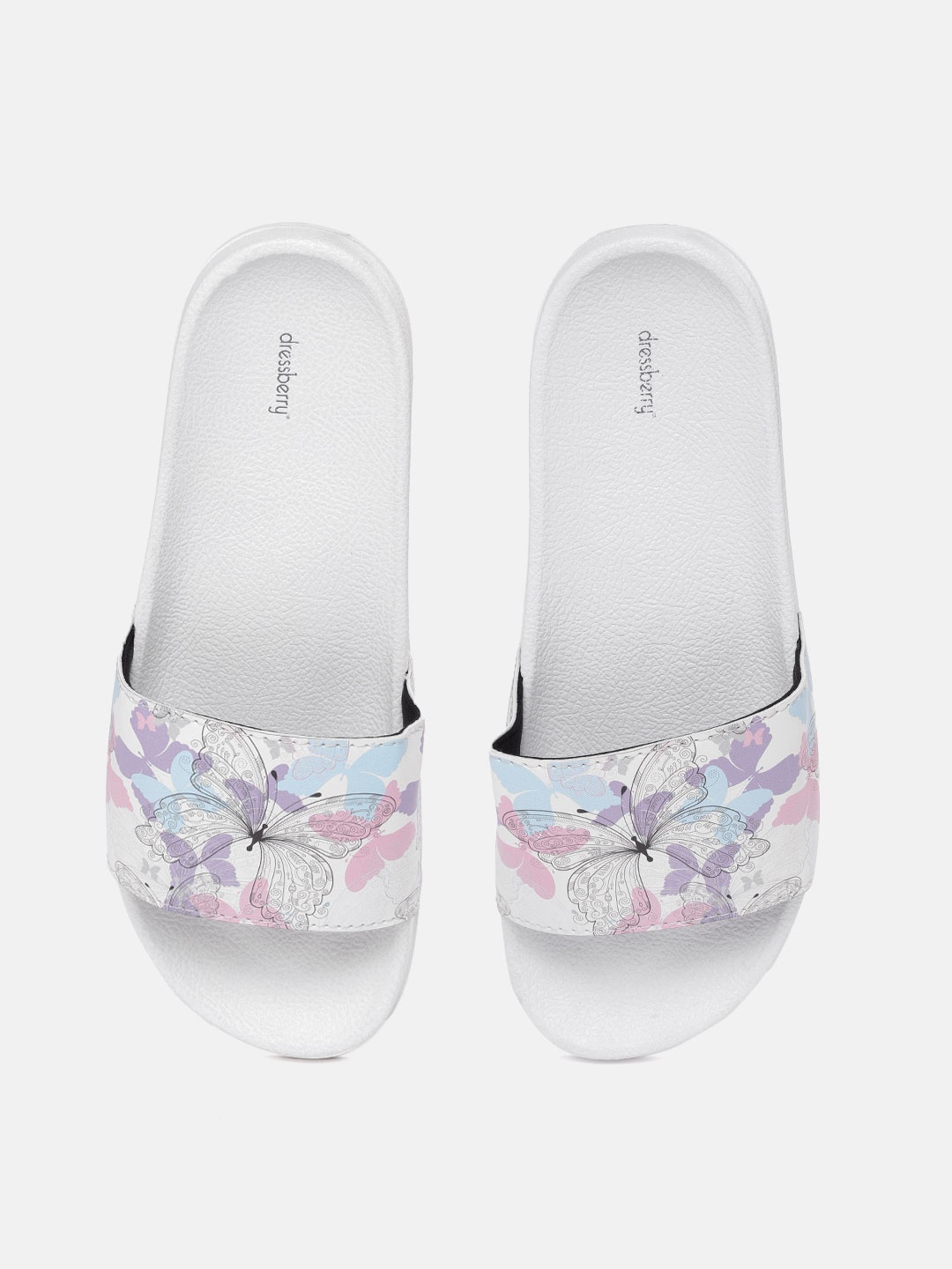 

DressBerry Women White & Purple Butterfly Print Sliders