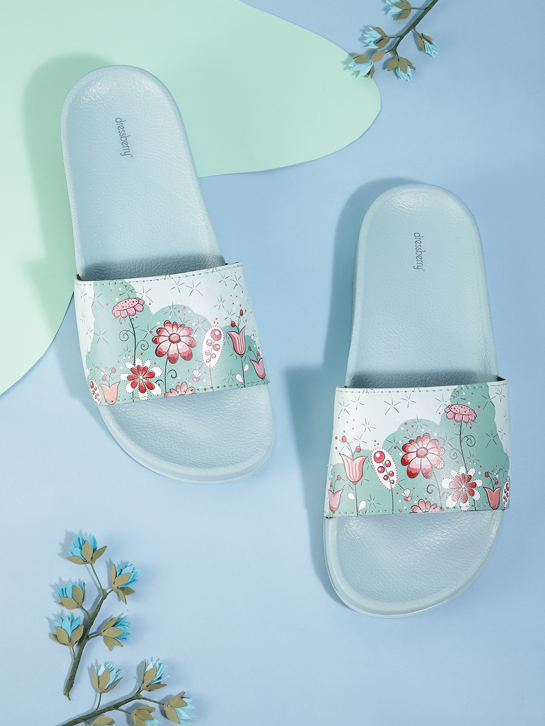 

DressBerry Women Sage Green & Pink Floral Print Sliders