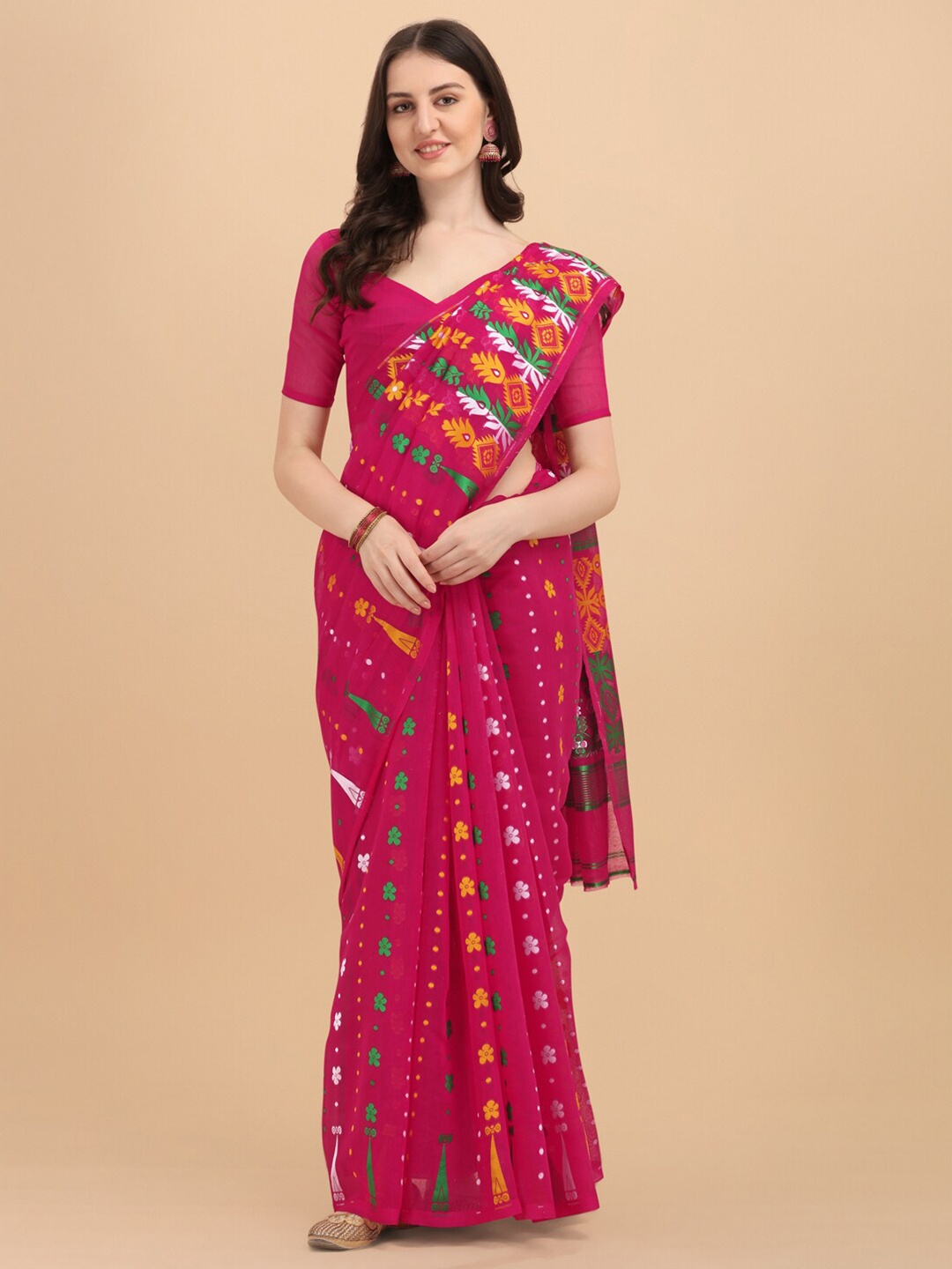 

KALINI Magenta & Green Ethnic Motifs Zari Silk Cotton Fusion Jamdani Saree