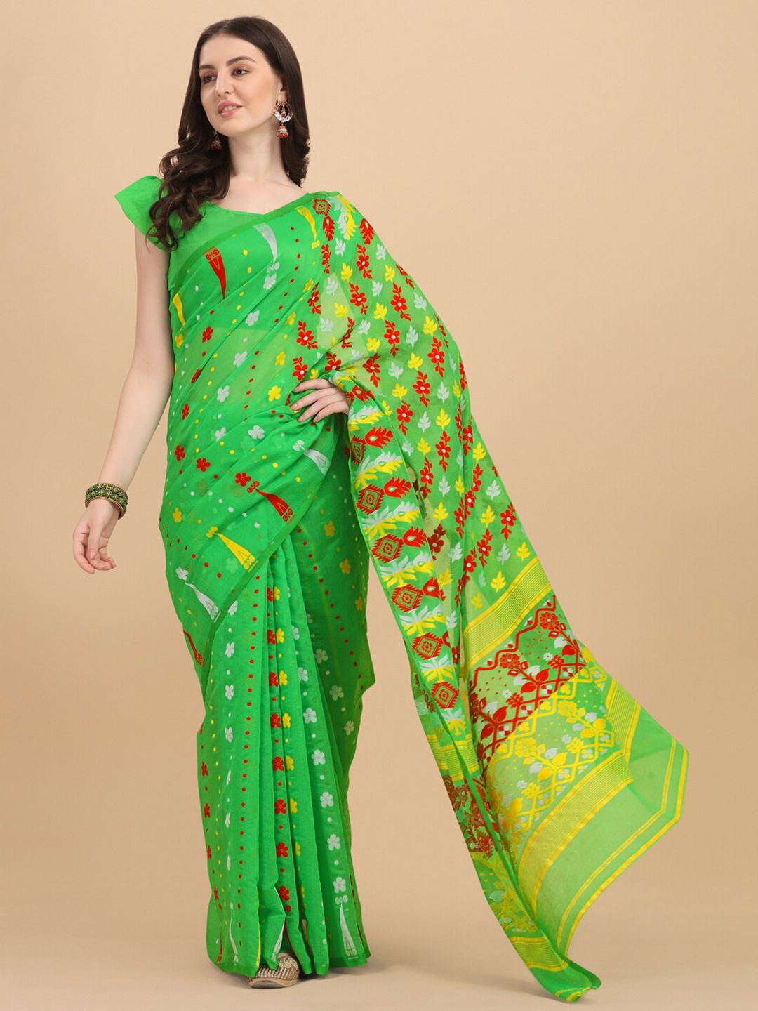 

KALINI Green & Yellow Ethnic Motifs Silk Cotton Fusion Jamdani Saree