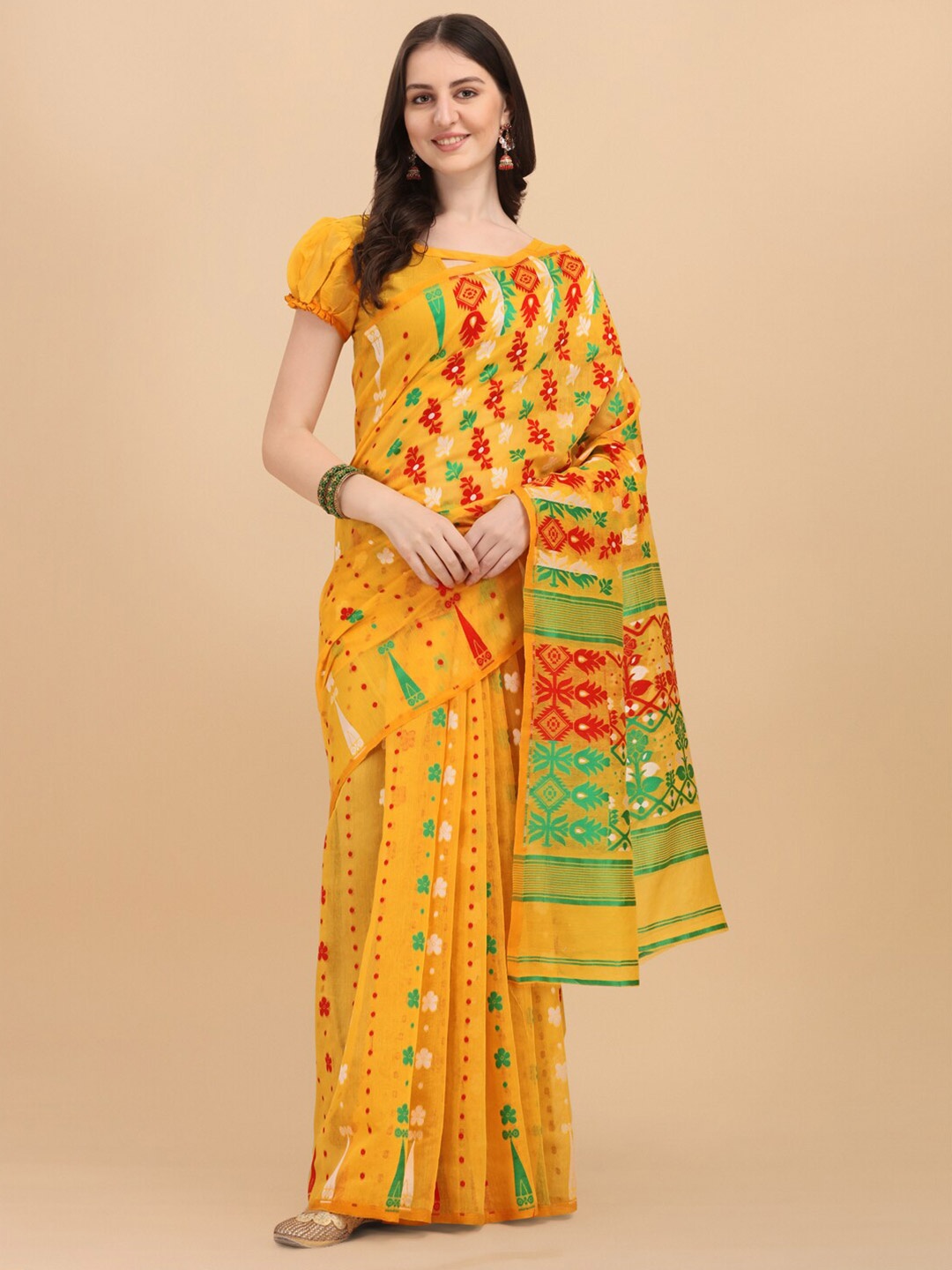 

KALINI Yellow & Green Ethnic Motifs Zari Silk Cotton Fusion Jamdani Saree