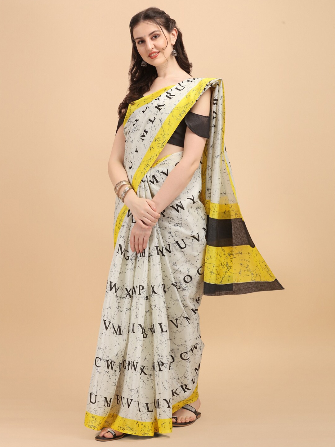 

KALINI Off White & Black Art Silk Fusion Printed Saree