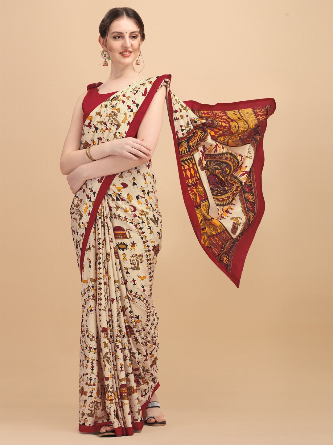 

KALINI Beige & Red Warli Art Silk Saree