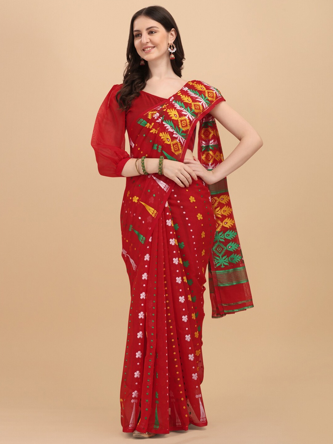 

KALINI Red & Green Ethnic Motifs Silk Cotton Fusion Jamdani Saree