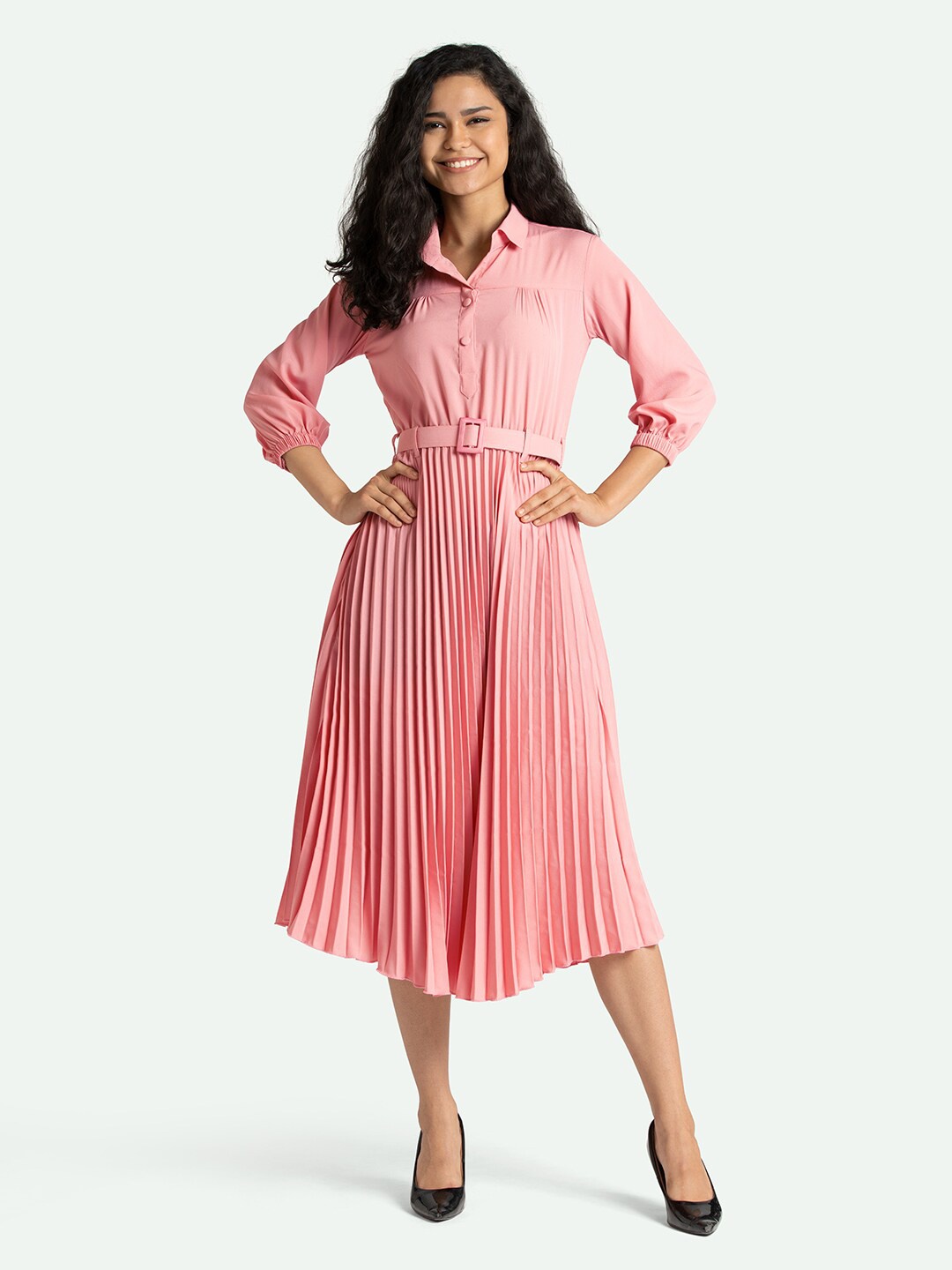 

AASK Pink Striped Crepe Shirt Midi Dress