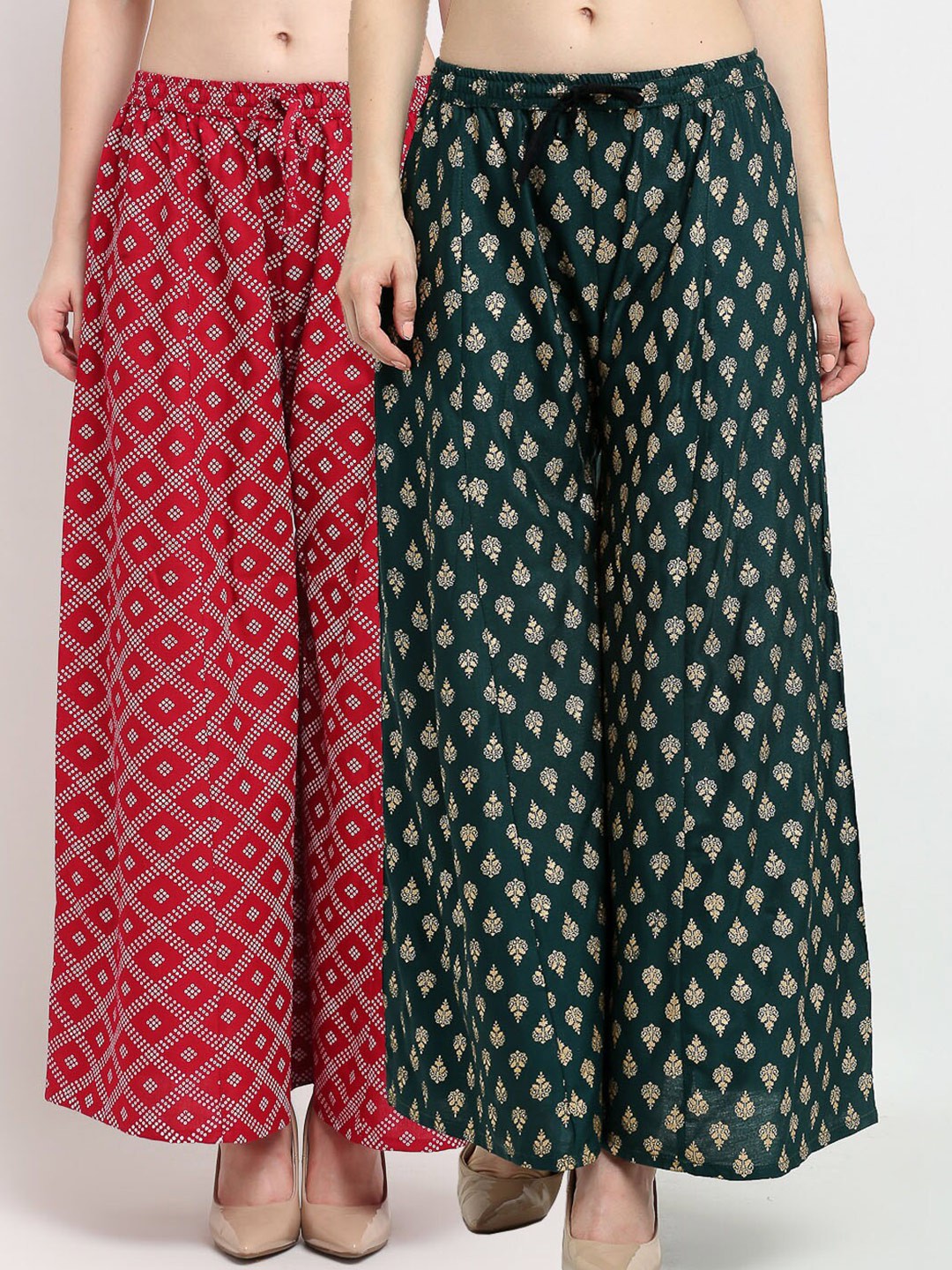 

Jinfo Women Maroon & Green Set of 2 Ethnic Motifs Printed Flared Knitted Palazzos