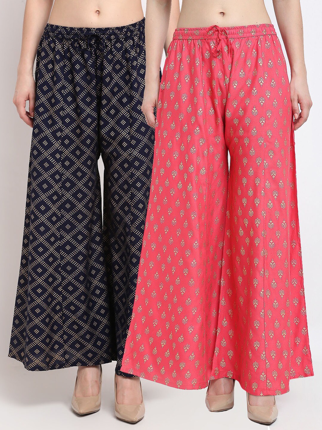 

Jinfo Women Pack of 2 Navy Blue & Peach-Coloured Ethnic Motifs Printed Flared Palazzos