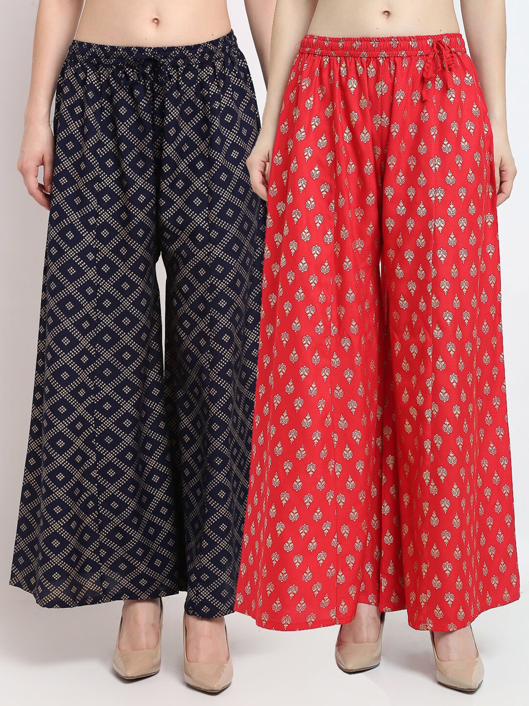 

Jinfo Women Pack of 2 Navy Blue & Red Ethnic Motifs Printed Flared Knitted Ethnic Palazzos