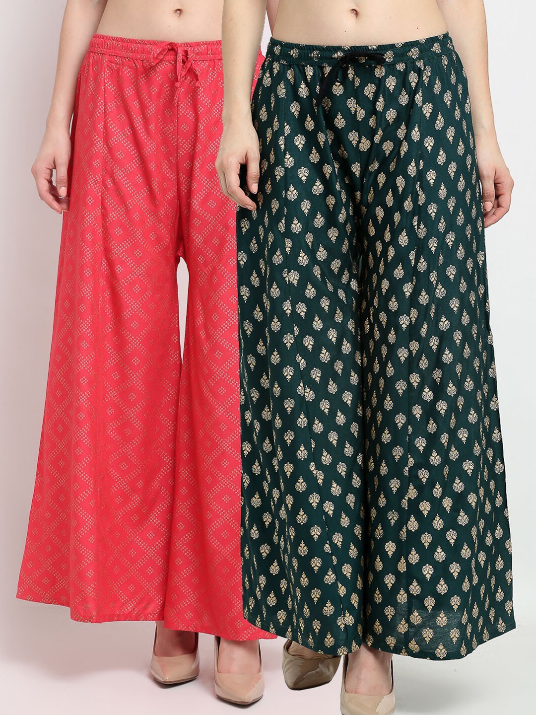 

Jinfo Women Coral & Green Set Of 2 Ethnic Motifs Printed Flared Ethnic Palazzos