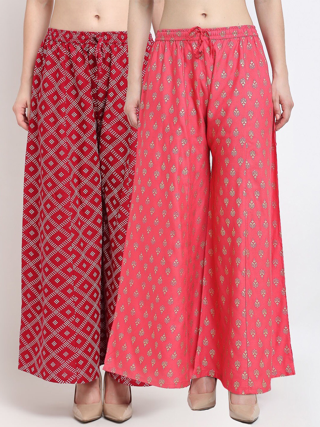 

Jinfo Women Maroon & Coral Set of 2 Ethnic Motifs Printed Flared Knitted Palazzos