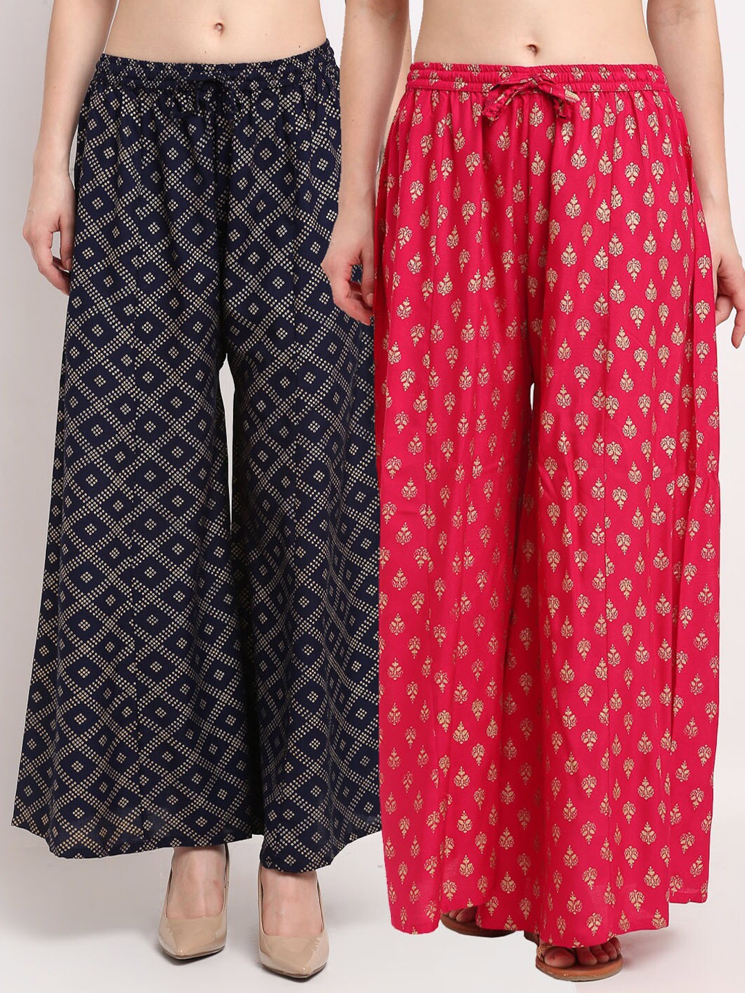 

Jinfo Women Pack of 2 Navy Blue & Pink Ethnic Motifs Printed Flared Knitted Palazzos