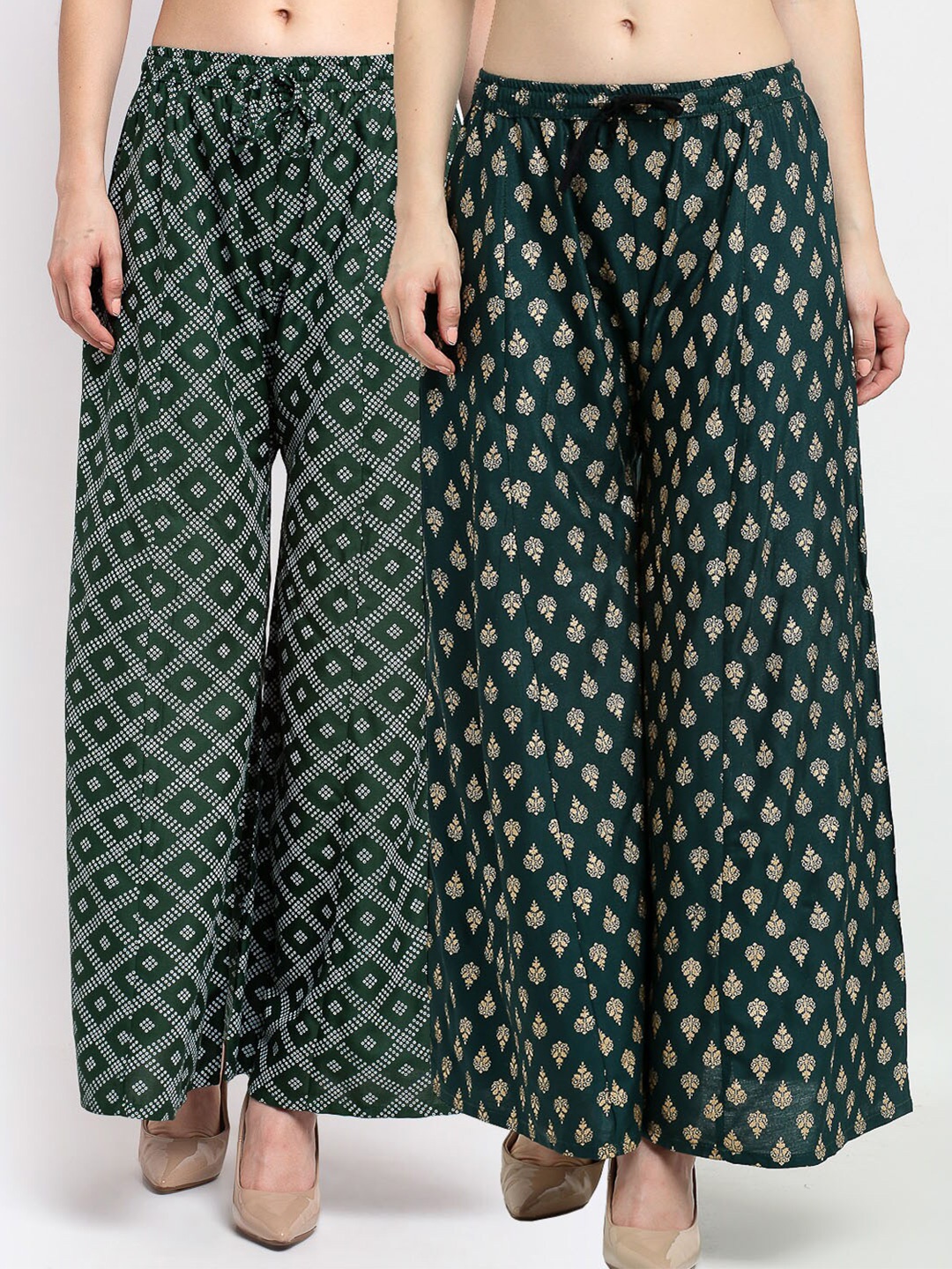 

Jinfo Women Pack of 2 Green & White Ethnic Motifs Printed Flared Knitted Ethnic Palazzos
