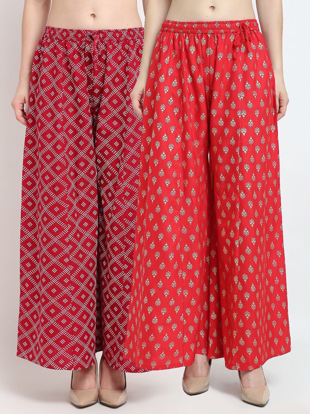 

Jinfo Women Pack of 2 Maroon & Red Ethnic Motifs Printed Flared Knitted Ethnic Palazzos