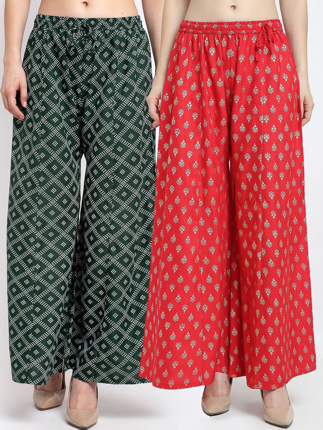 

Jinfo Women Green & Red Set Of 2 Ethnic Motifs Printed Flared Palazzos