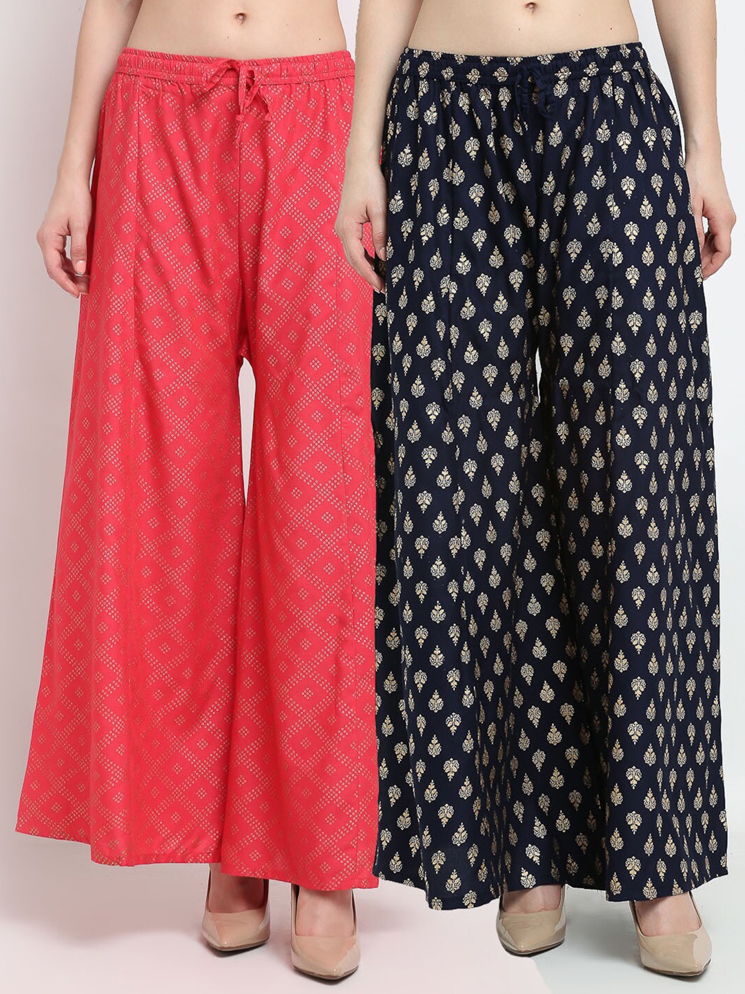 

Jinfo Women Orange & Navy Blue Set Of 2 Block Printed Flared Fit Palazzos