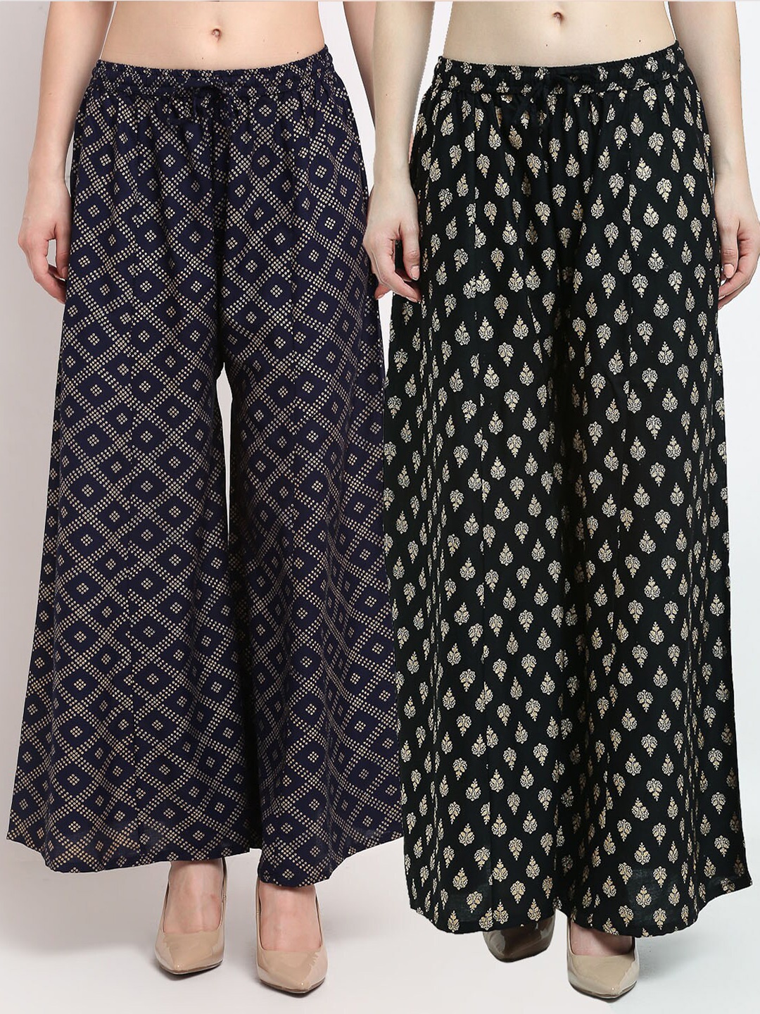 

Jinfo Women Pack of 2 Navy Blue & Black Ethnic Motifs Printed Flared Palazzos