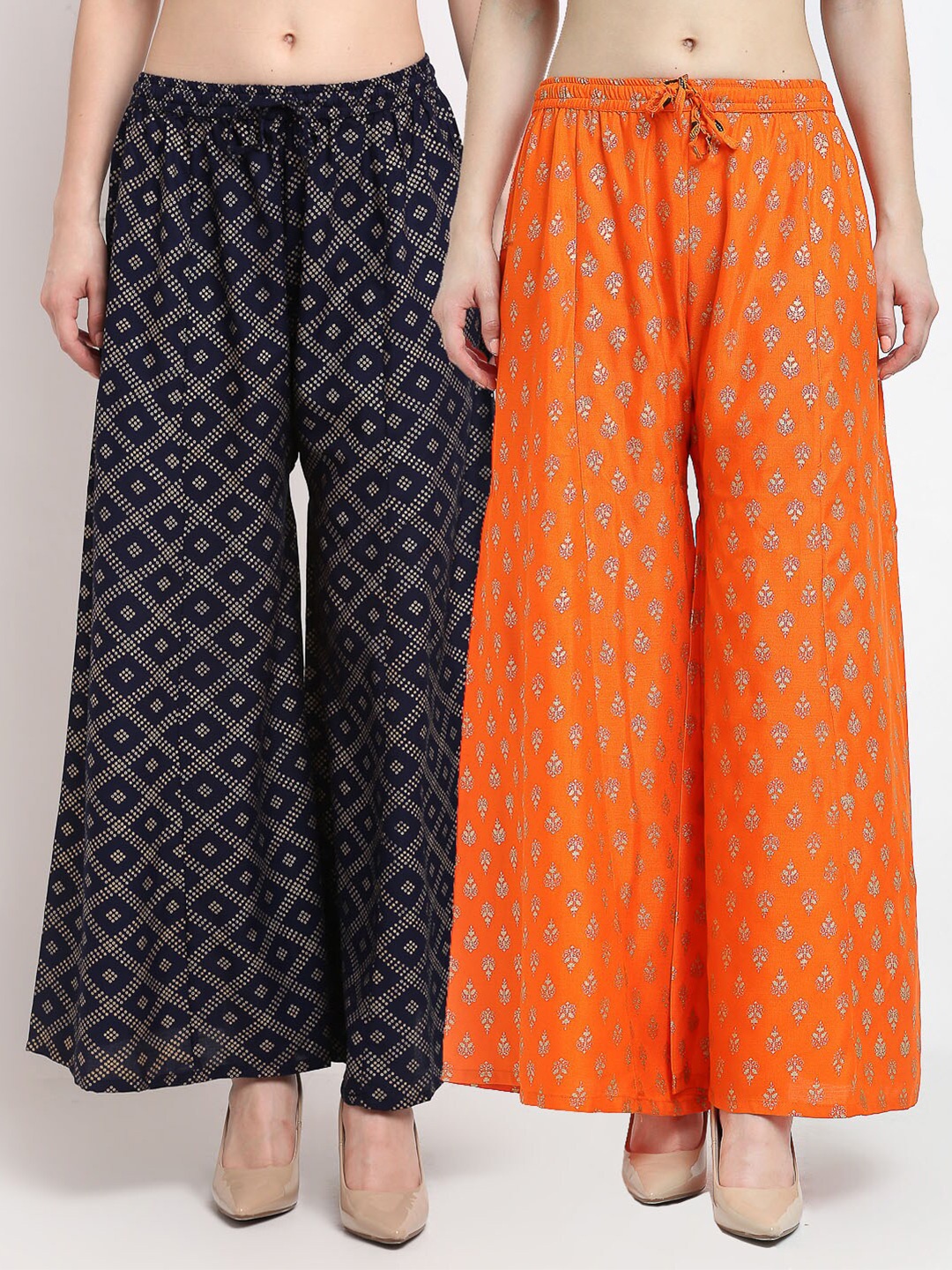 

Jinfo Women Navy Blue & Orange Set of 2 Ethnic Motifs Printed Flared Knitted Palazzos
