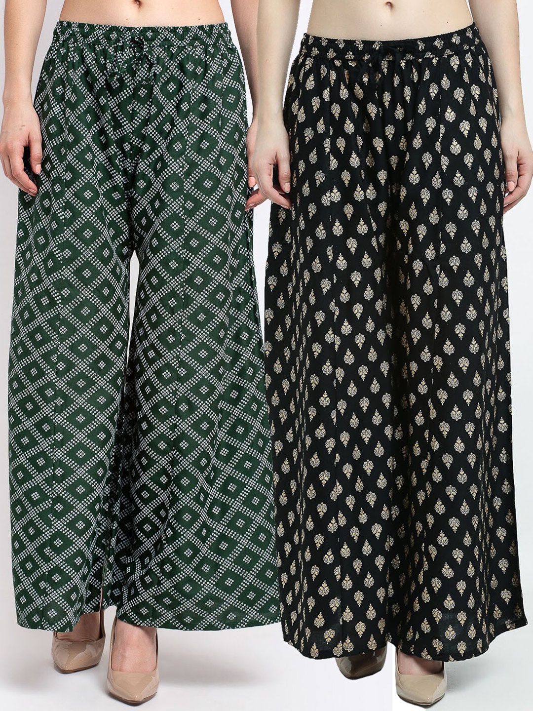 

Jinfo Women Green & Black Set Of 2 Ethnic Motifs Printed Flared Palazzos