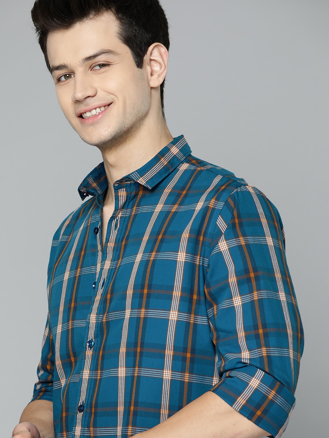 

Mast & Harbour Men Blue & Mustard Orange Tartan Checked Casual Shirt