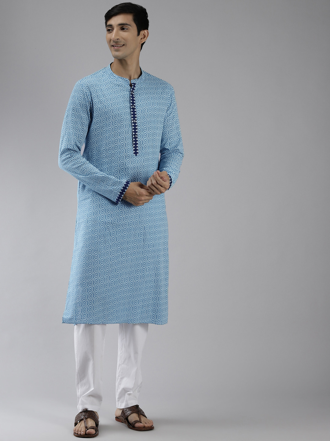 

See Designs Men Blue Printed Pure Cotton Kurta with Trousers