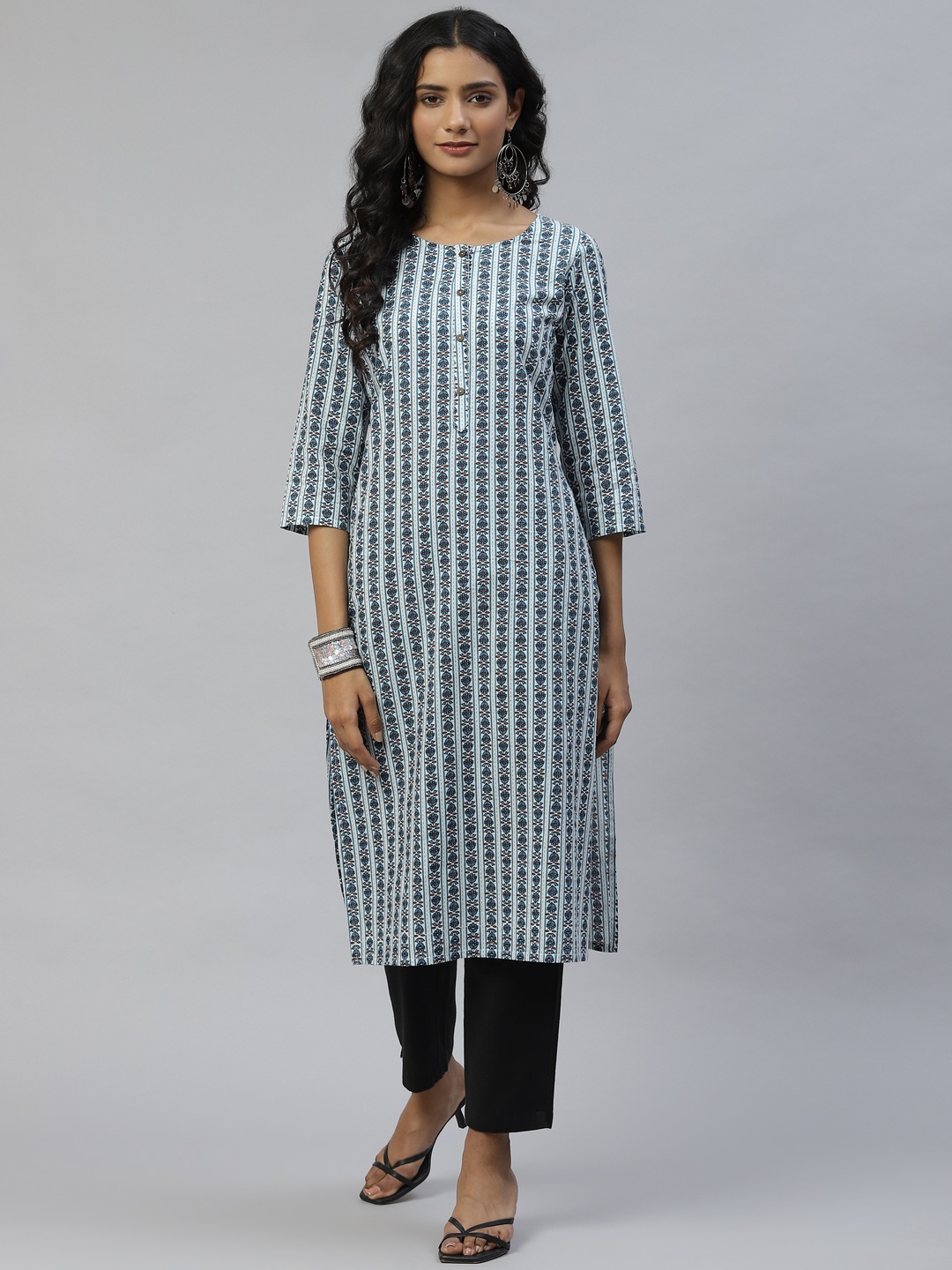 

DESI BEATS Women White & Blue Striped Kurta