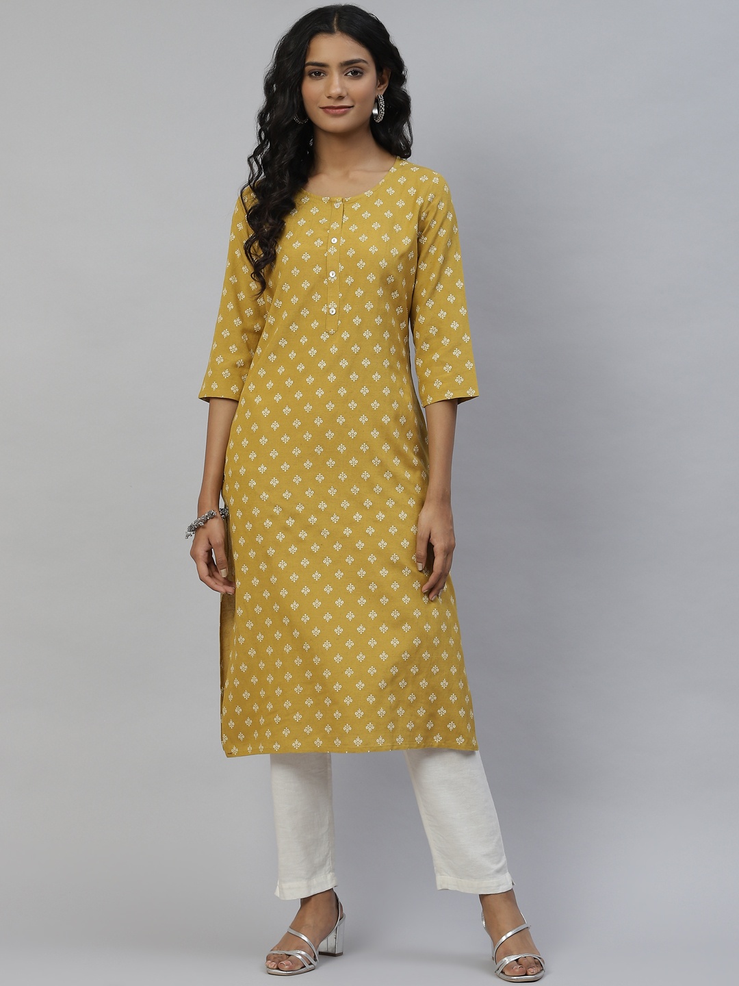 

DESI BEATS Women Mustard Yellow Ethnic Motifs Printed Cotton Kurta