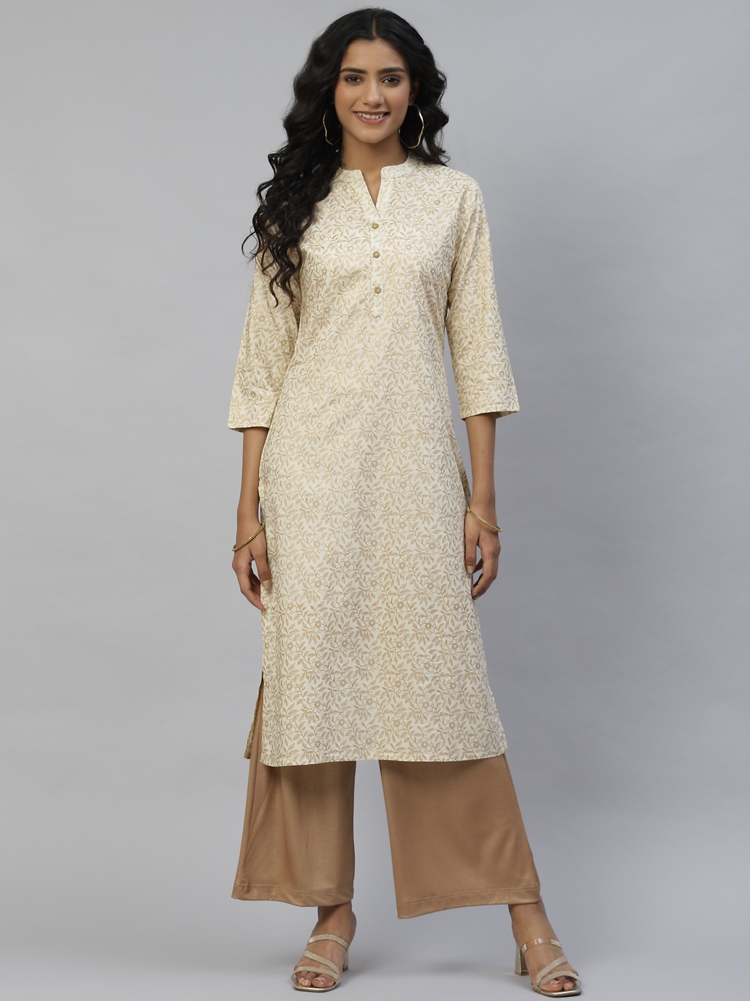 

DESI BEATS Women Beige Floral Printed Floral Kurta