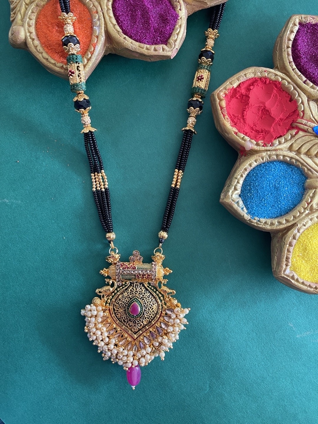

Digital Dress Room Gold-Plated & Black Beads Long Mangalsutra