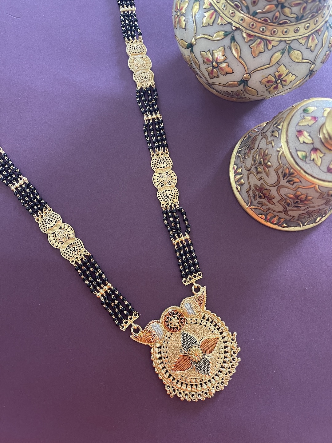 

Digital Dress Room Gold-Plated & Black Beaded Long Ghungroo Mangalsutra