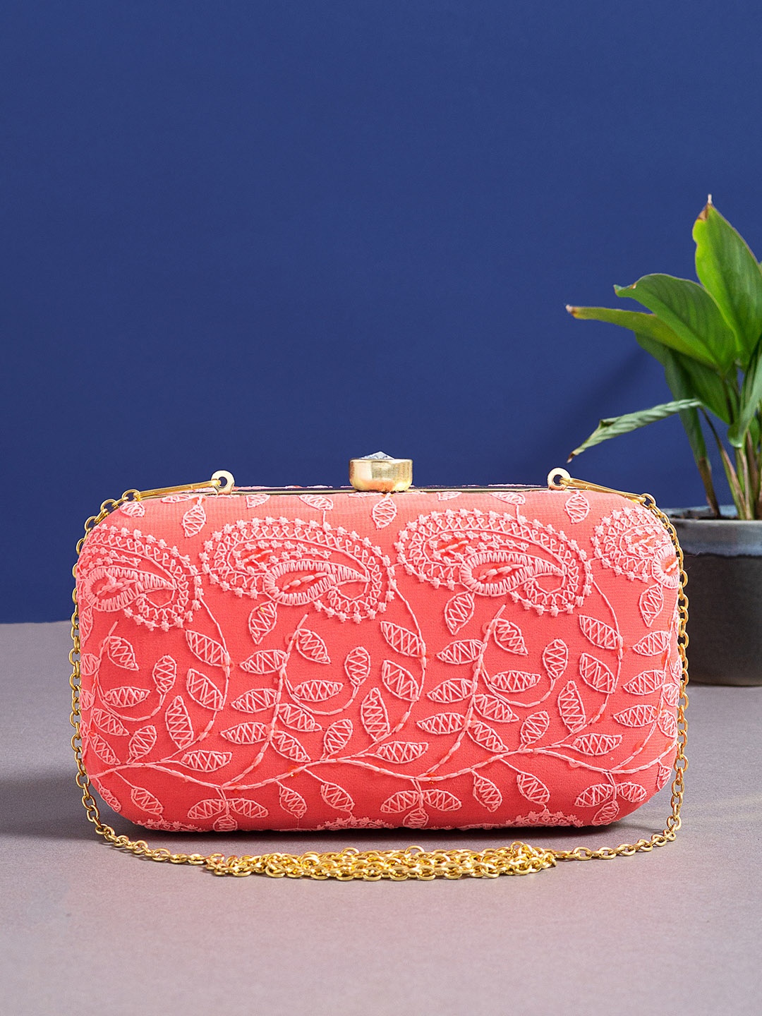 

Golden Peacock Women Peach & White Embroidered Box Clutch