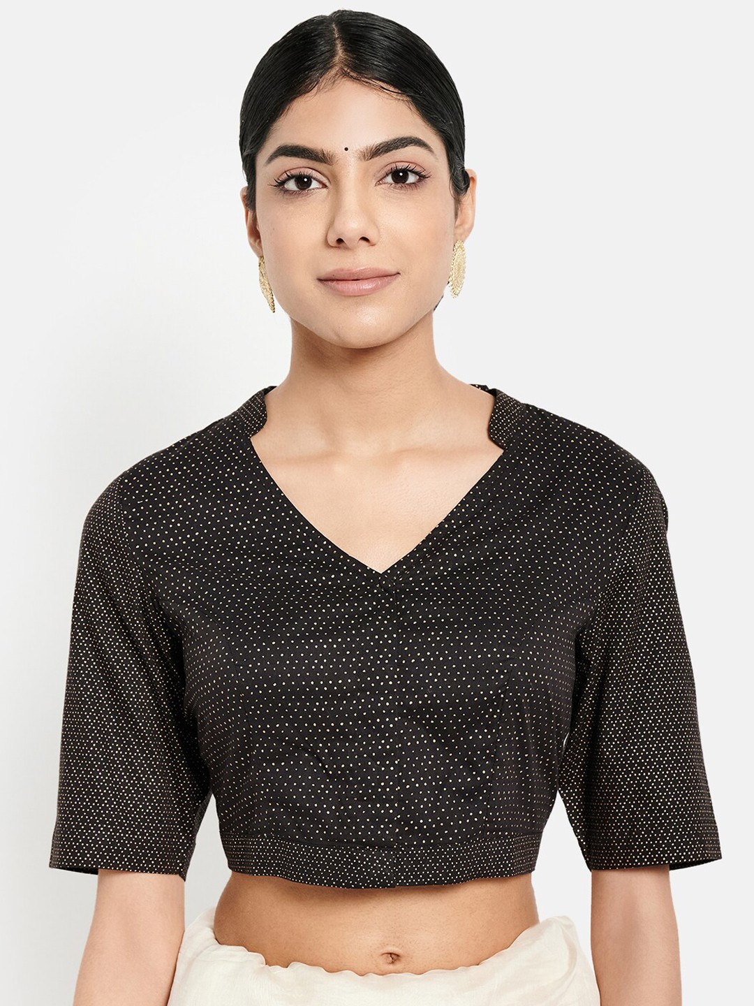

Fabindia Women Black & Gold Colored Printed Cotton Saree Blouse