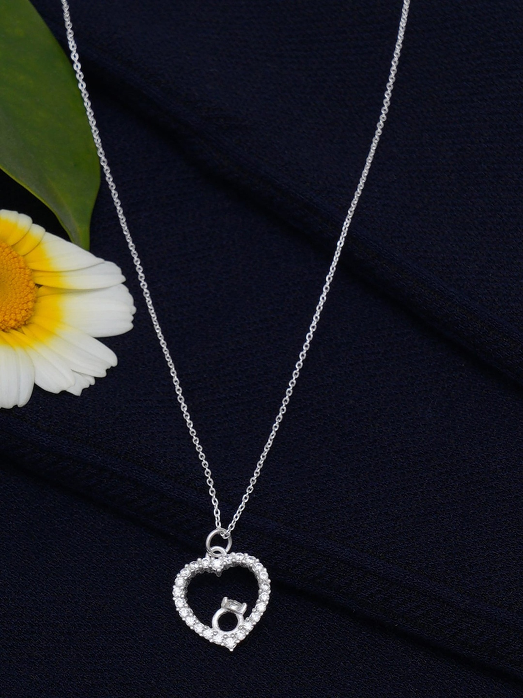 

KUNUZ Silver-Plated White CZ Studded Heart Shaped Pendant
