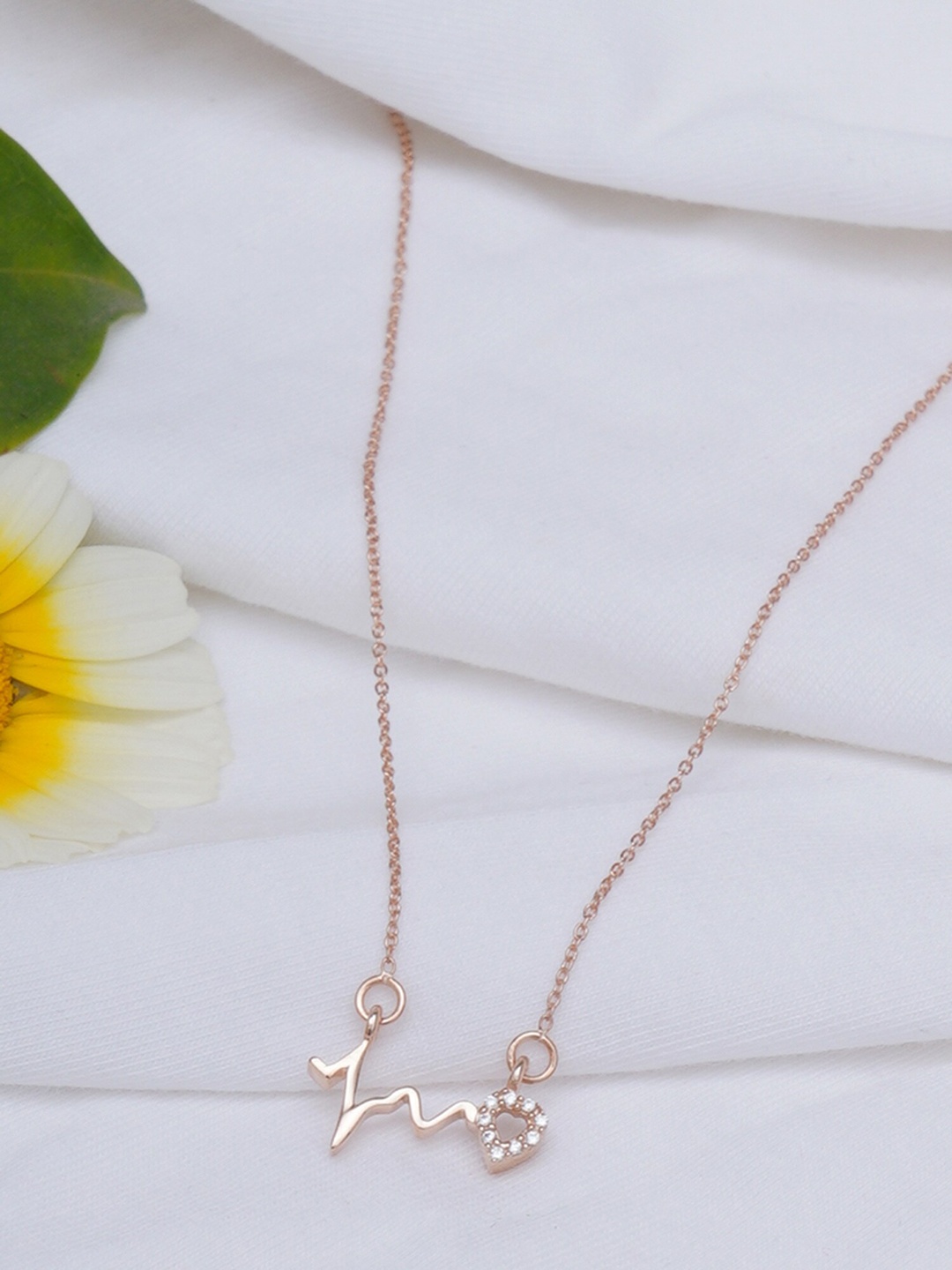 

KUNUZ Rose-Gold-Plated & CZ Stone-Studded Heart Beat Shape Pendant