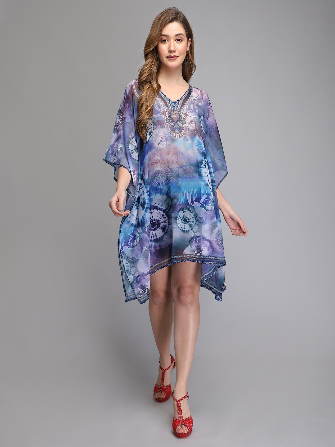 

Aditi Wasan Blue Abstract Printed Chiffon Kaftan Dress
