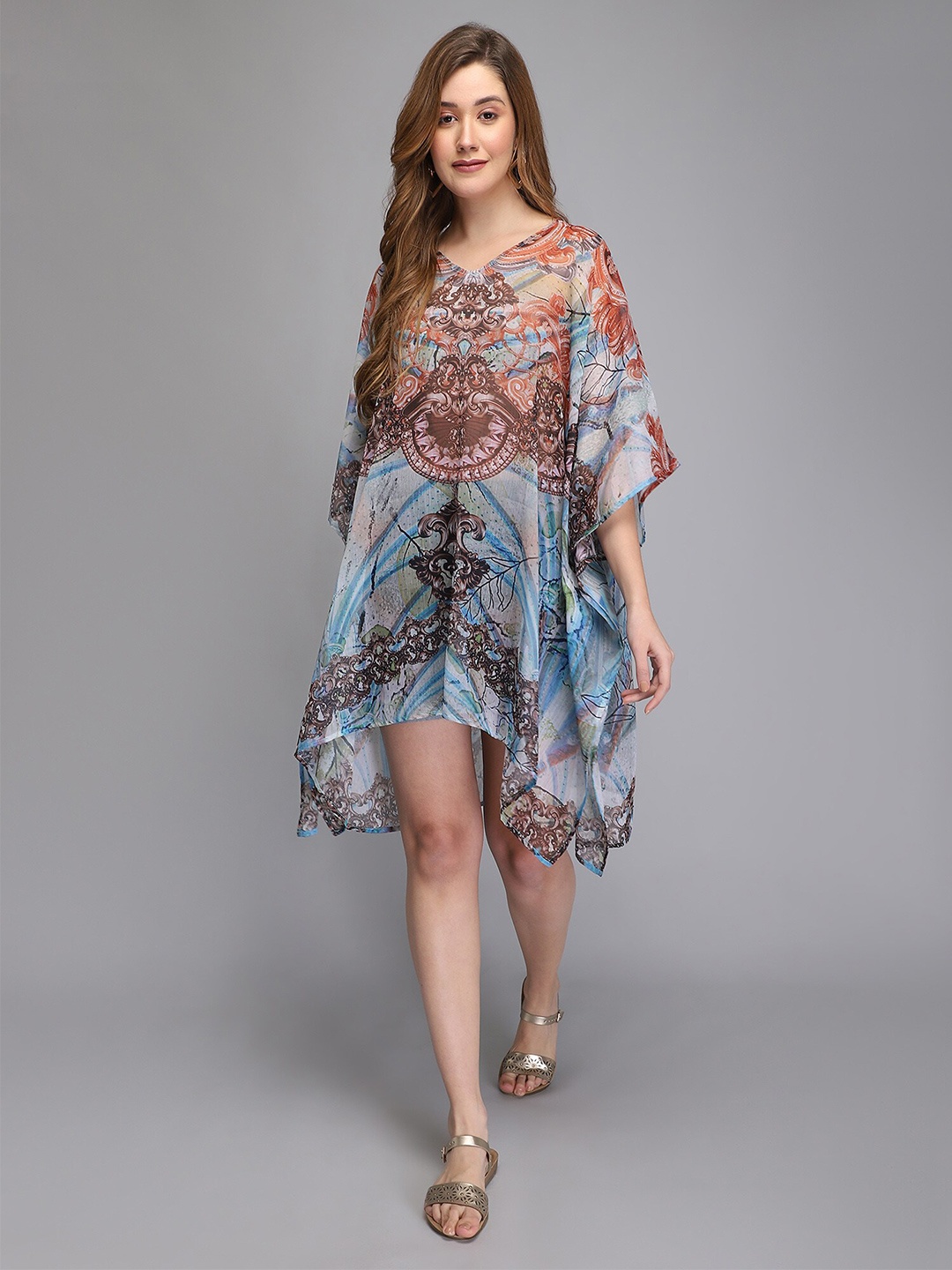 

Aditi Wasan Multicoloured Ethnic Motifs Chiffon Kaftan Dress, Multi