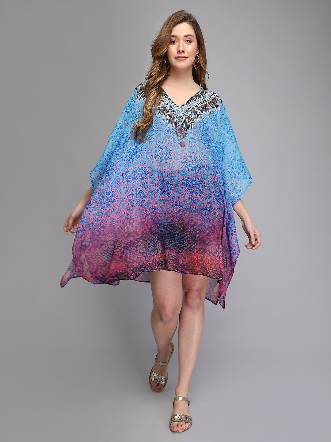 

Aditi Wasan Blue Ethnic Motifs Chiffon Kaftan Dress