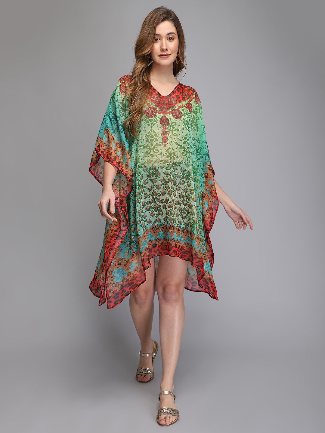 

Aditi Wasan Green Bohemian Print Flared Sleeve Kaftan Dress