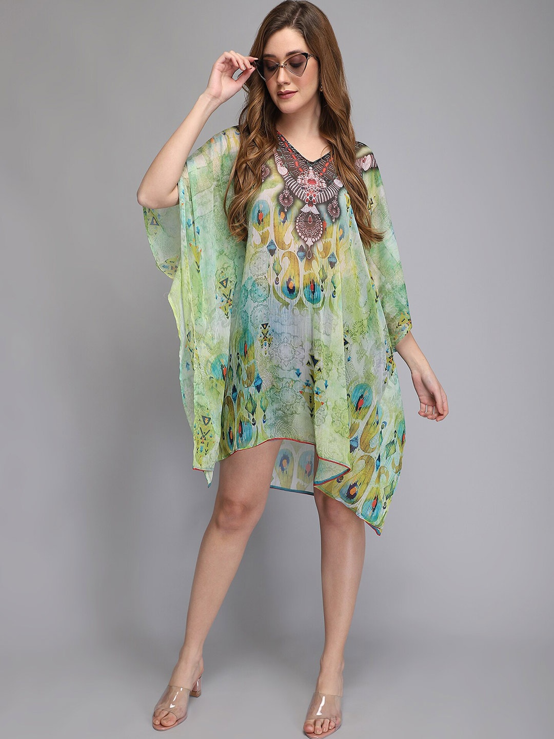 

Aditi Wasan Green Bohemian Print Flared Sleeve Kaftan Dress