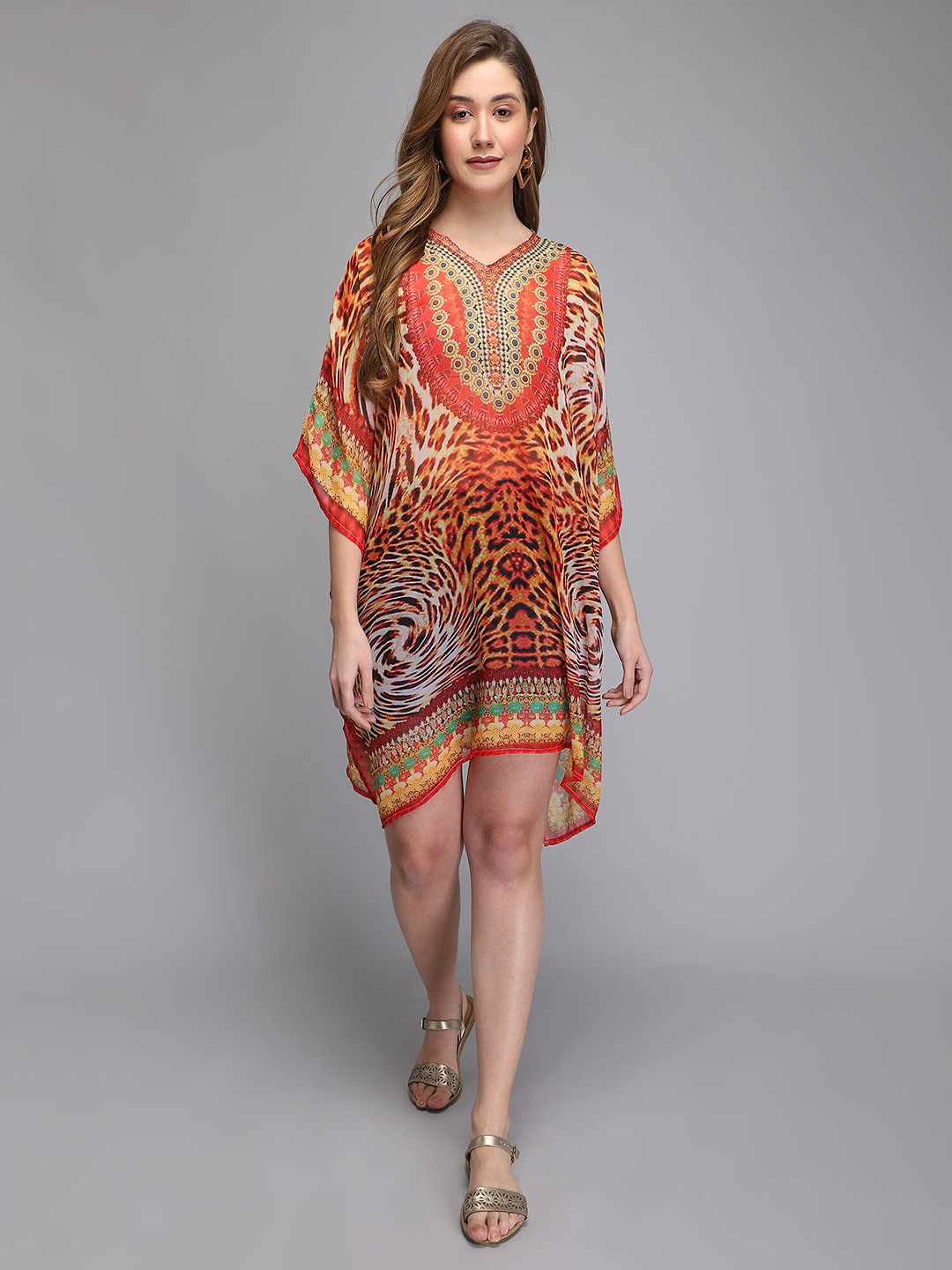 

Aditi Wasan Women Red Animal Print Kaftan Dress