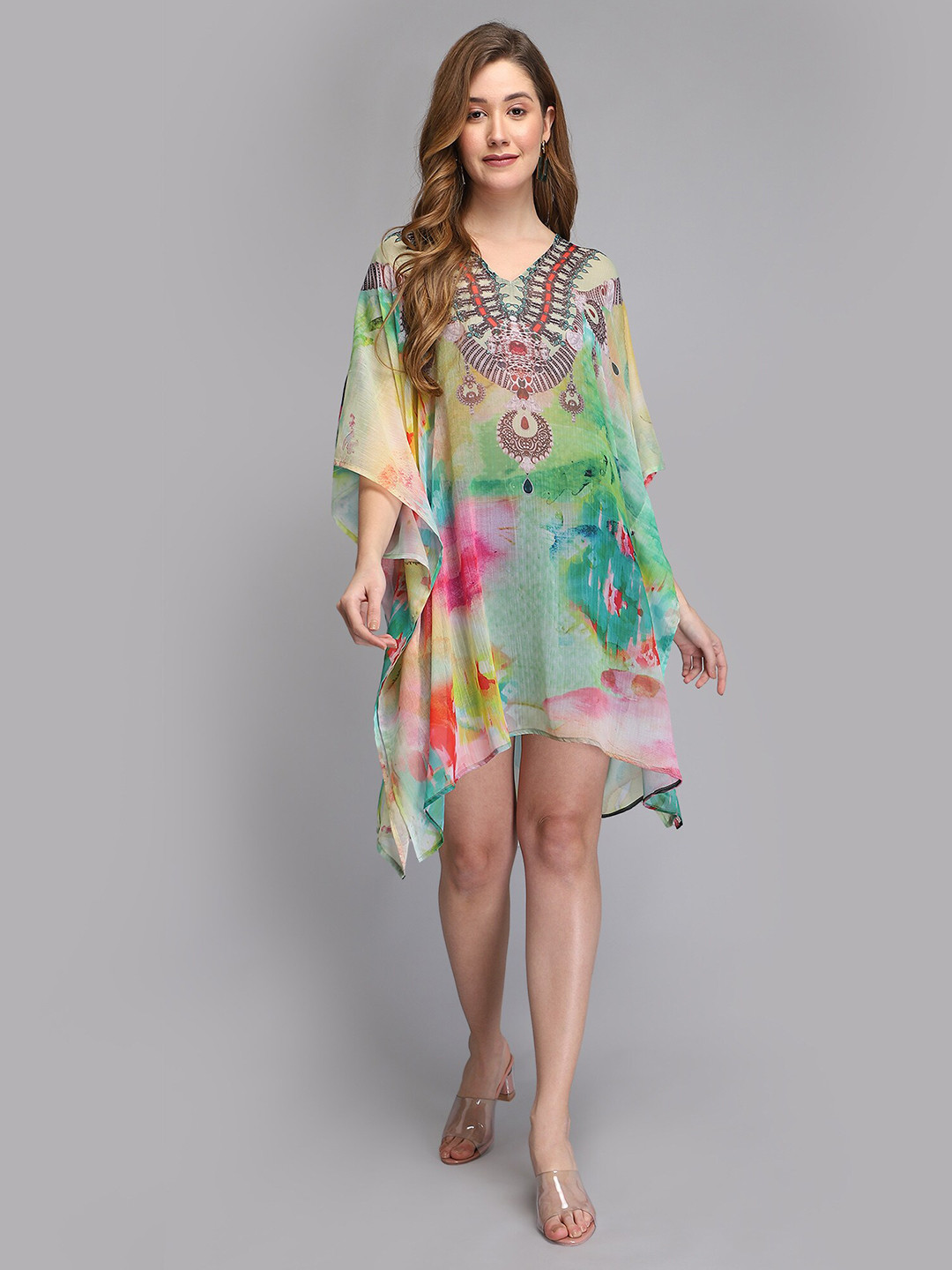 

Aditi Wasan Multicoloured Abstract Printed Chiffon Kaftan Dress, Multi