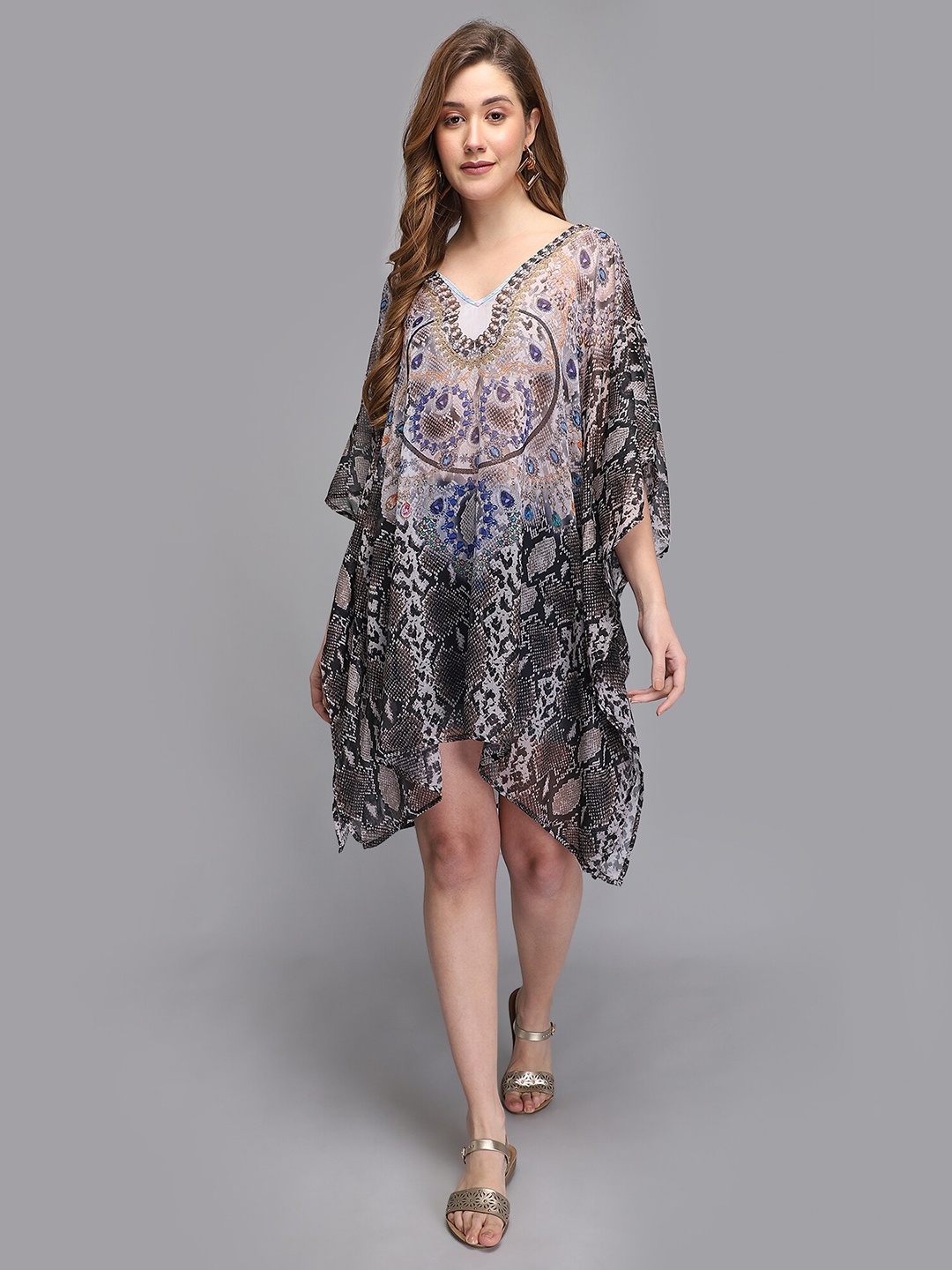 

Aditi Wasan Multicoloured Animal Print Chiffon Kaftan Dress, Multi