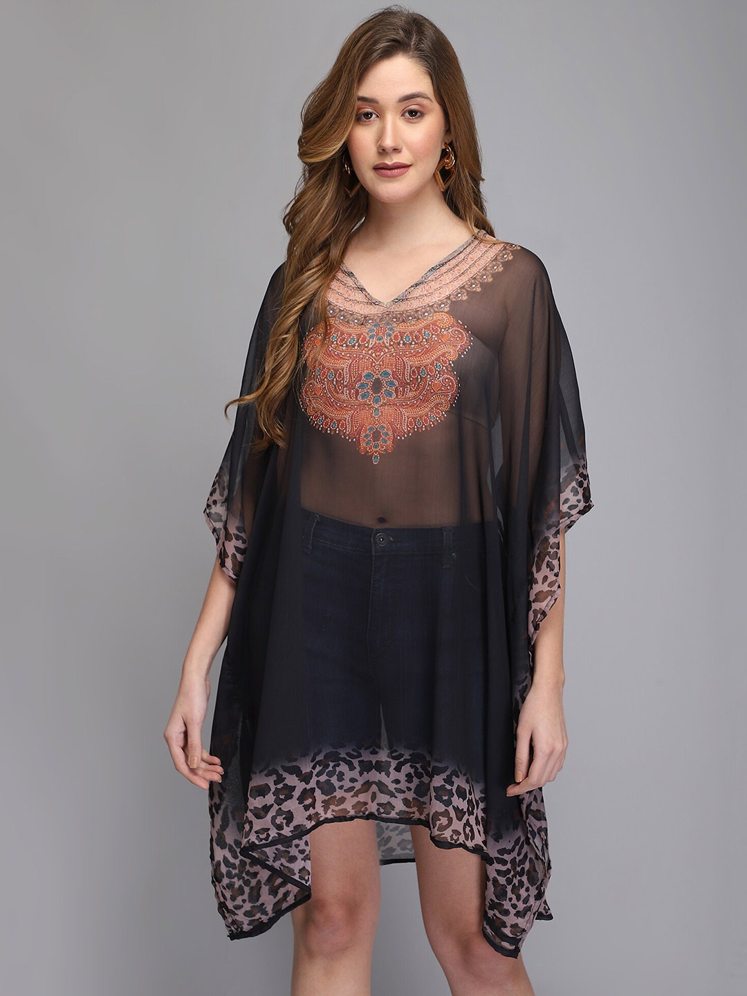 

Aditi Wasan Black & Orange Print Flared Sleeve Kaftan Dress
