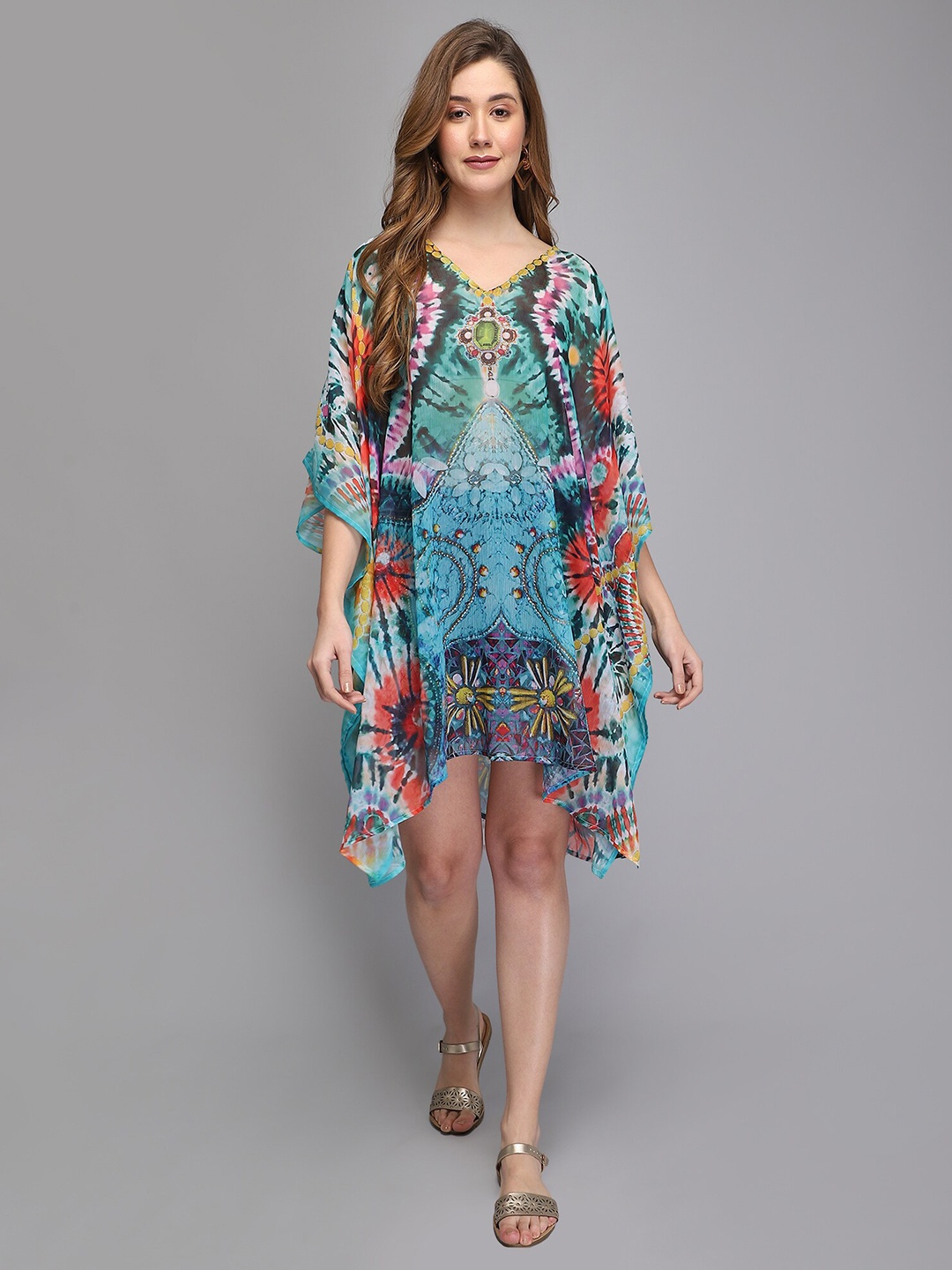 

Aditi Wasan Multicoloured Tropical Chiffon Kaftan Dress, Multi