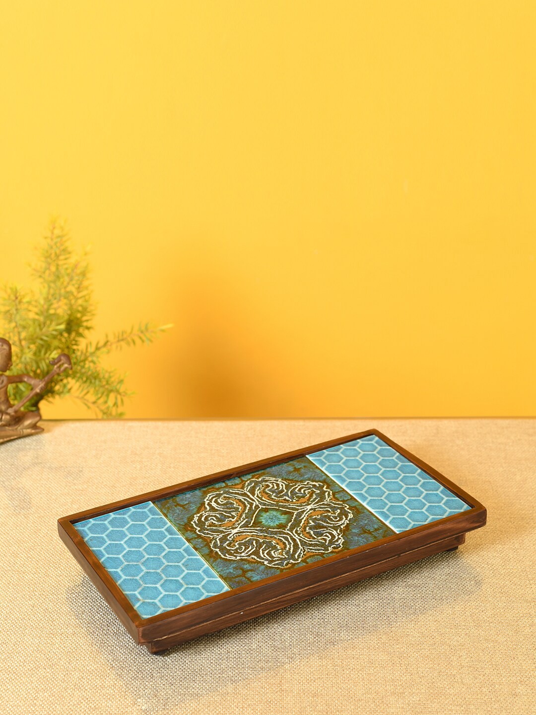 

AAKRITI ART CREATIONS Turquoise Blue & Brown Printed Handcrafted Tray