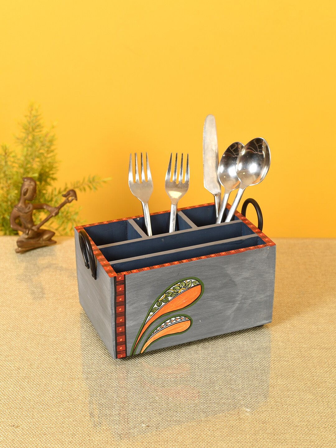 

AAKRITI ART CREATIONS Grey Printed Handcrafted Cutlery Organizer